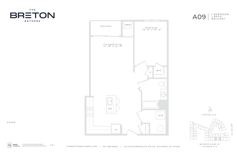 Floor plan for 1 bed, 1 bath, 801 sqft